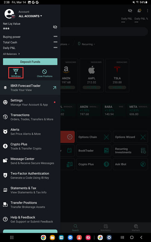 The withdraw button on the Android Tablet. 